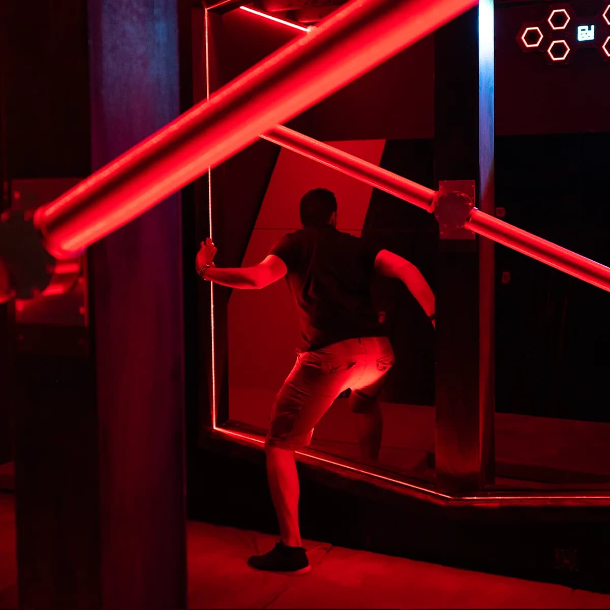 Player taking on a physical challenge room